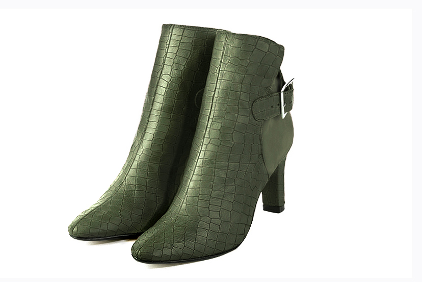 Forest green women's ankle boots with buckles at the back. Round toe. High kitten heels. Front view - Florence KOOIJMAN